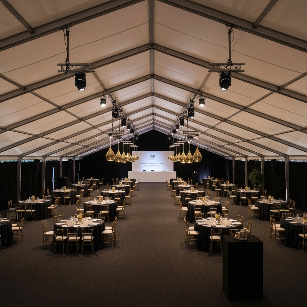 Professional corporate event marquee with modern lighting and business conference setup