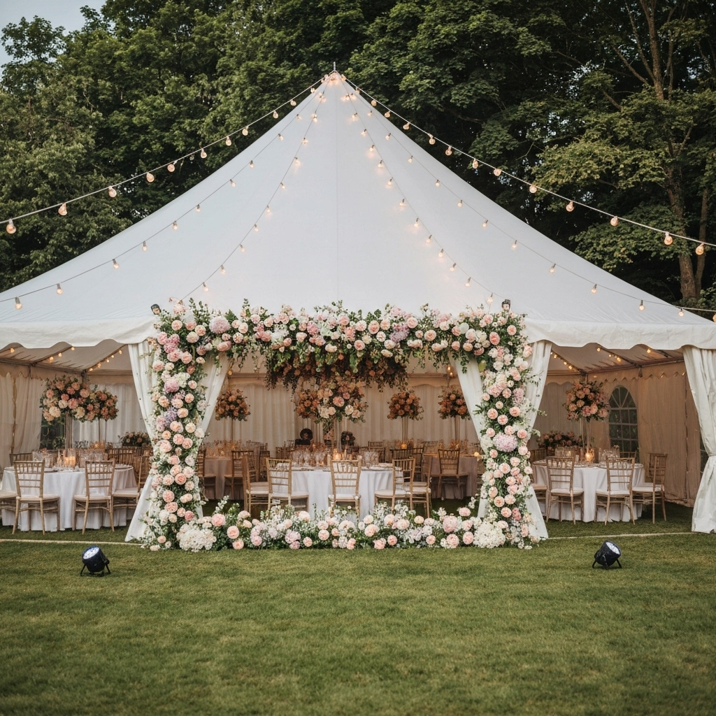 Elegant marquee setup for wedding reception with string lights and floral decorations