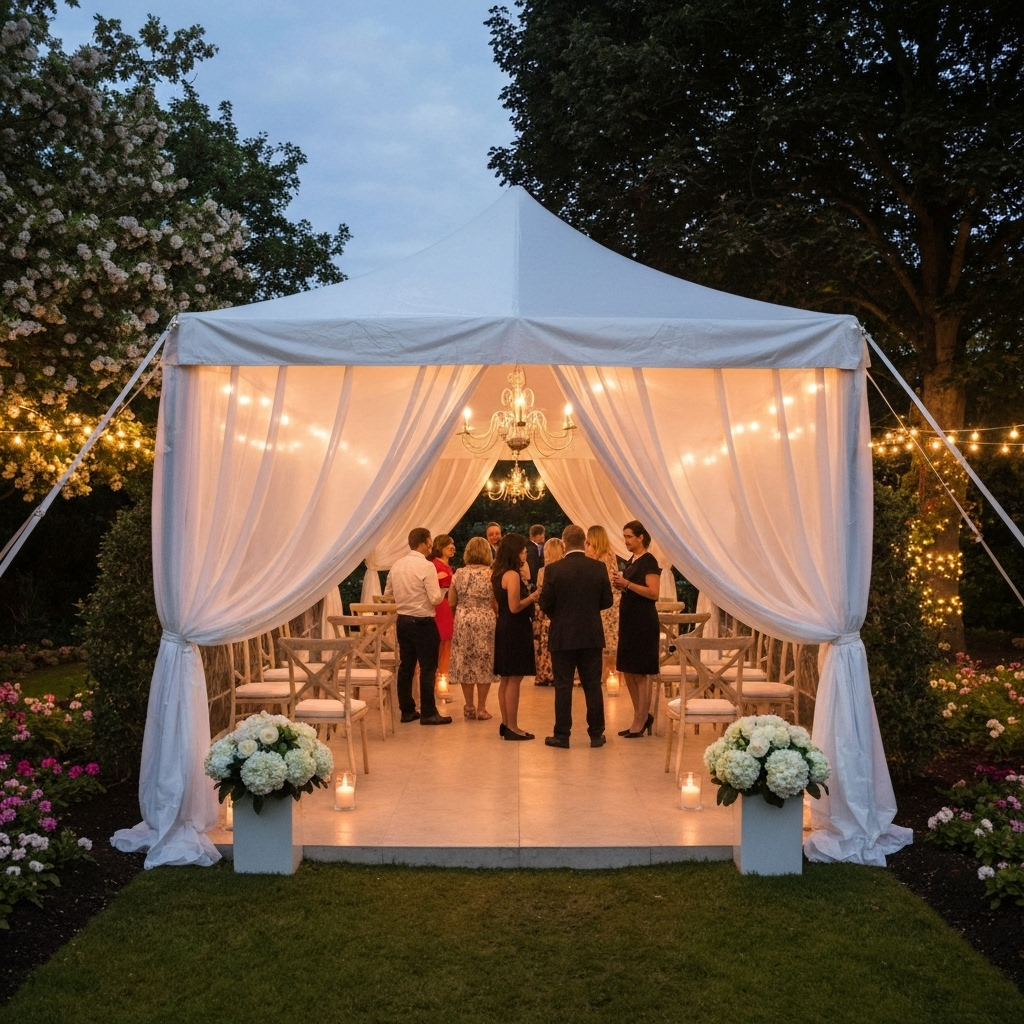 Elegant wedding marquee with white draping and romantic lighting for evening reception